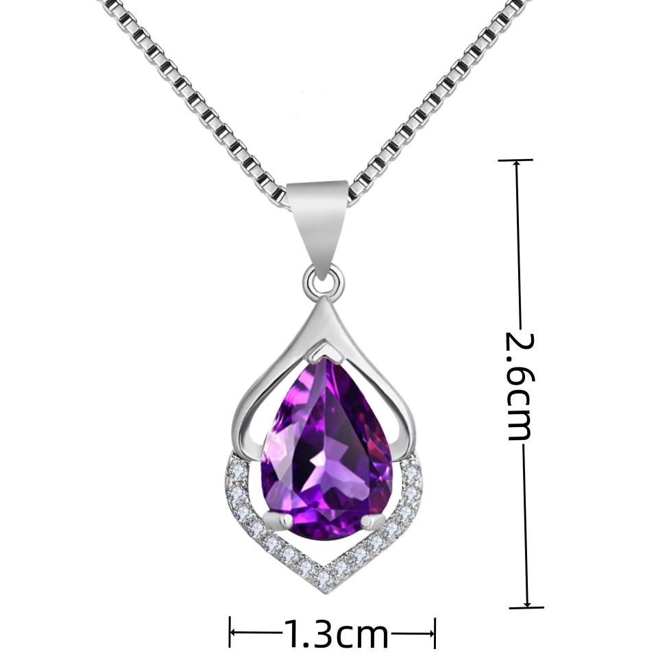 Elegant Teardrop Amethyst-Purple Pendant Necklace with Crystal Halo in Silver Finish