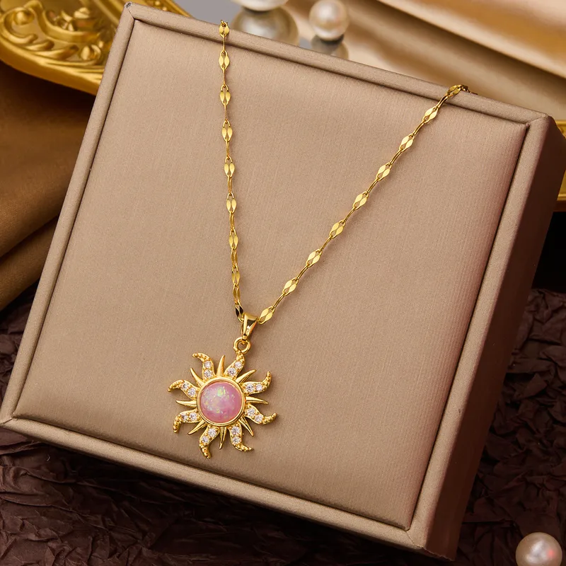 Sunbeam Necklace with Pink Gemstone Center  Crystal Embellished Gold Pendant