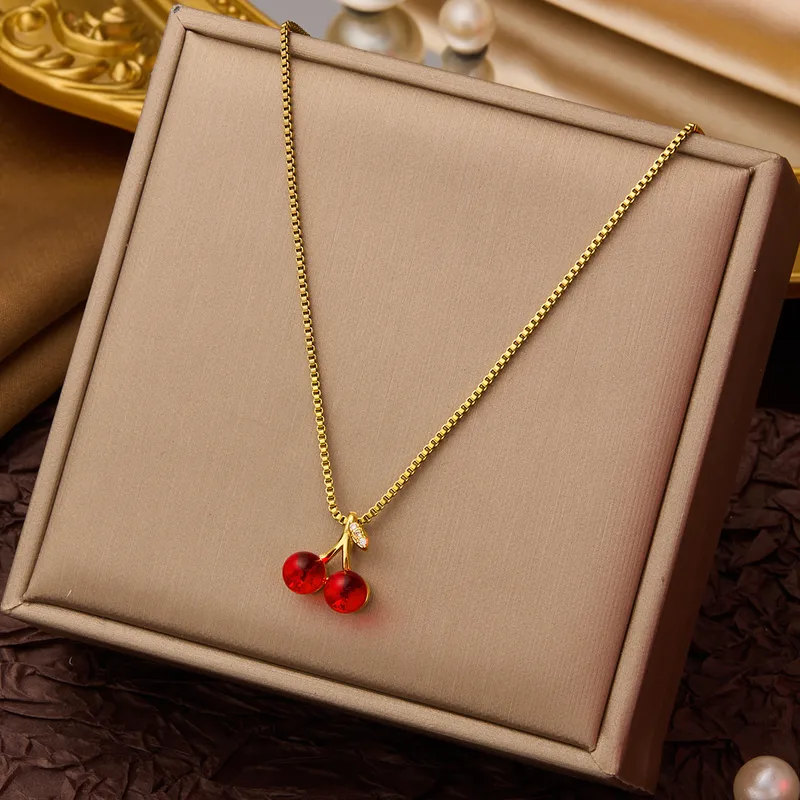Red Crystal Cherry Charm Necklace  Elegant Gold-Finish Box Chain