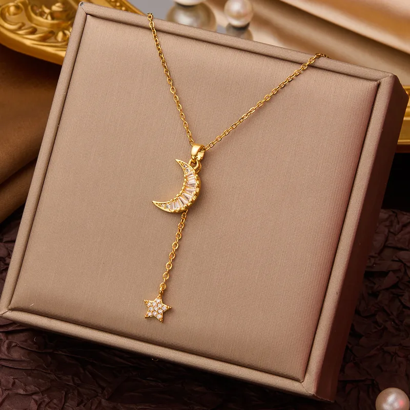 Sparkling Crescent Moon and Star Drop Necklace  Gold Finish