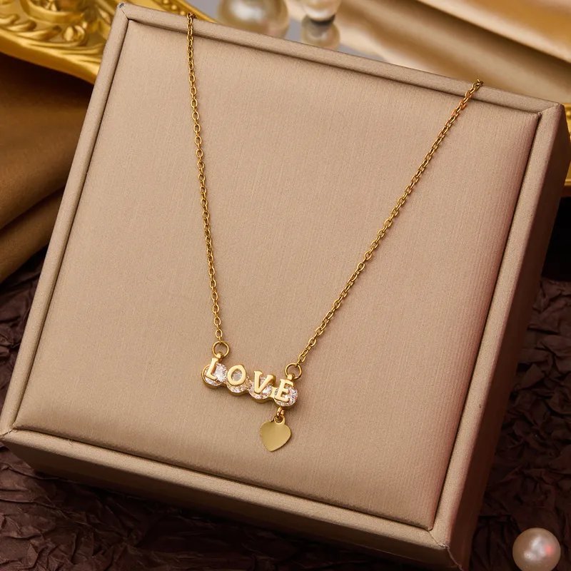 Gold LOVE Script Necklace with Floating Heart  Zirconia Accented Pendant