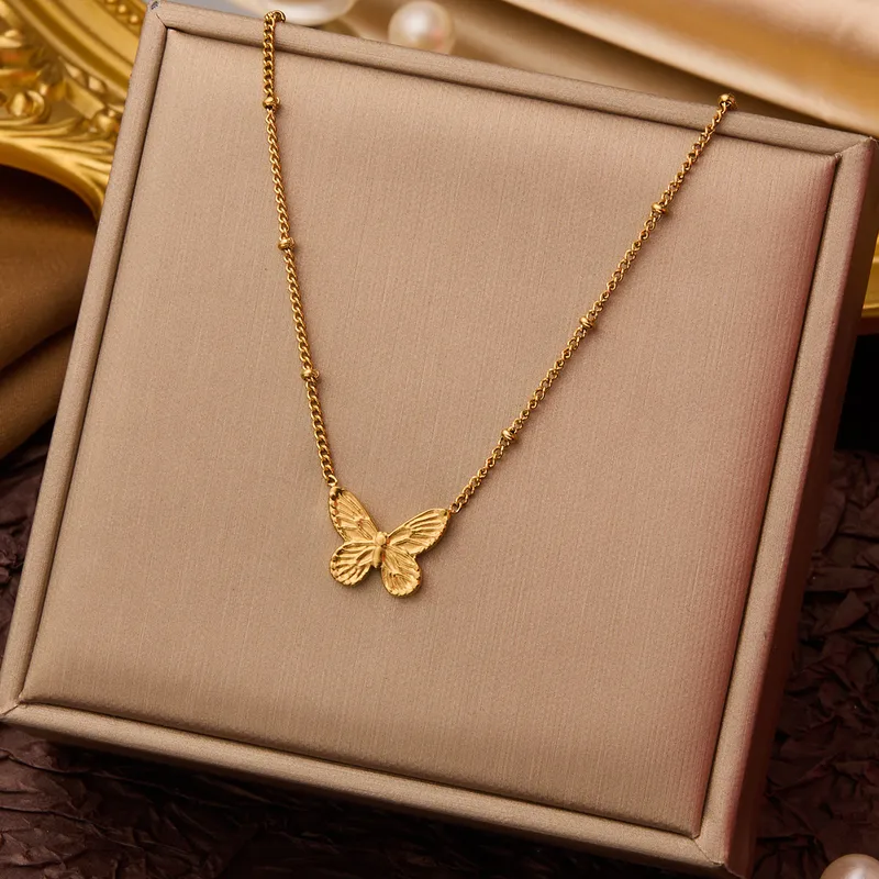 Gold Butterfly Pendant Necklace  Beaded Link Chain Jewelry