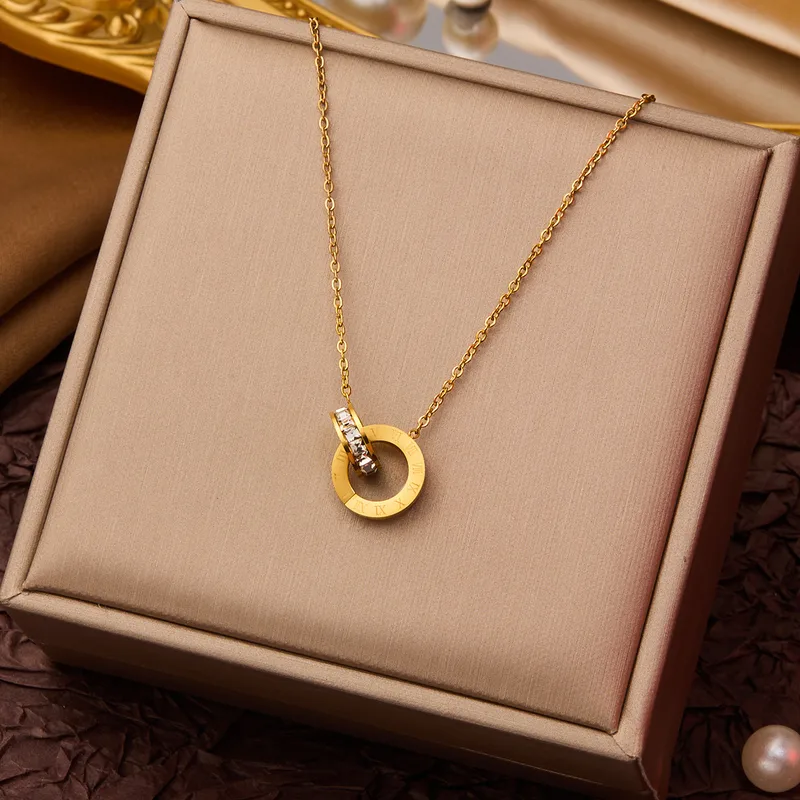 Interlocking Roman Numeral & Crystal Ring Pendant Necklace